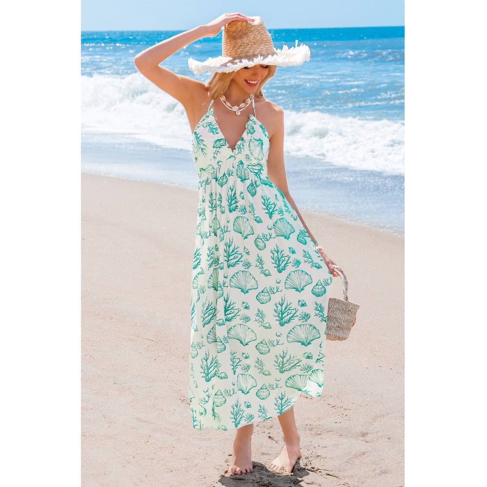 Cupshe Dress Women Medium White Blue Starfish Beach Seashell Midi NWT Boho